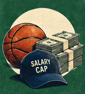 A cap reading Salary Cap beside a basketball and banknotes