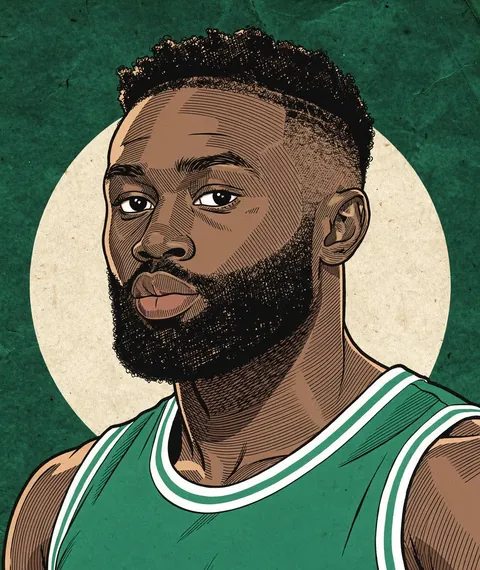 Illustration adapted from photos by Hameltion, All-Pro Reels (CC BY-SA 2.0, CC BY-SA 4.0); licensed CC BY-SA 4.0 Illustrated portrait of Jaylen Brown